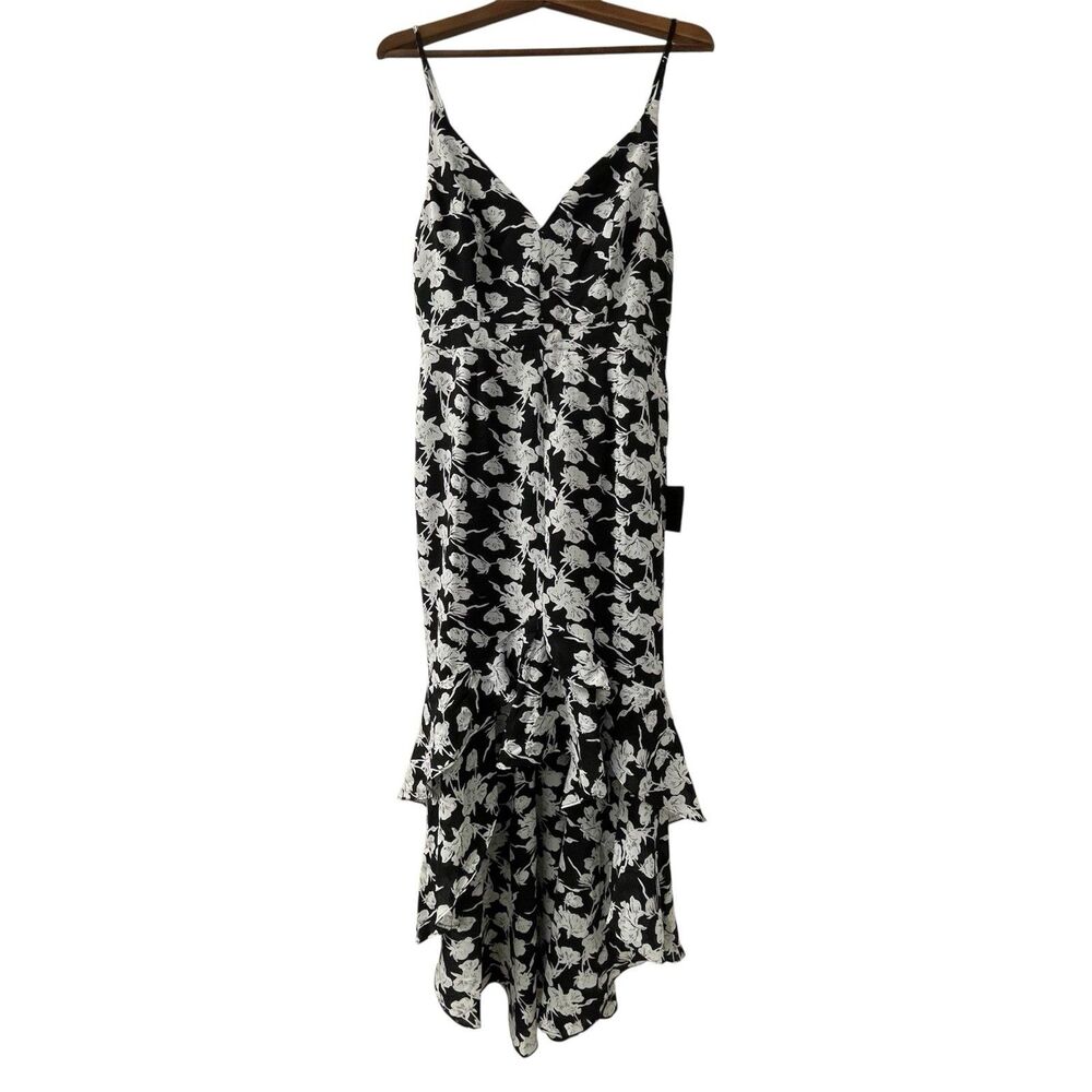 Lulus High Low Dress Ruffles Black W/ White Flowers Spaghetti Straps Women’s L